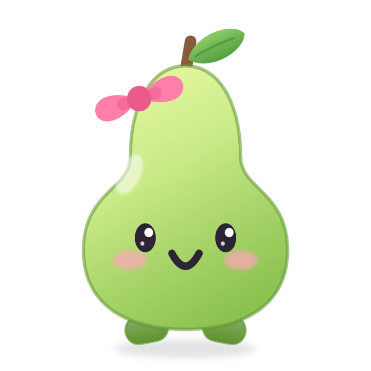 Pippin, a smiling green pear-shaped Pet with a pink bow