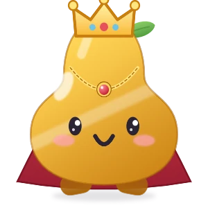 Crowned: a golden pear with a crown and a red cape