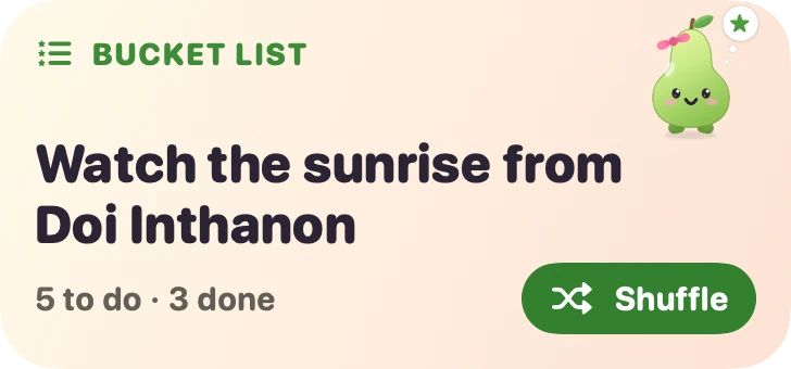 Bucket List widget: Watch the sunrise from Doi Inthanon, 5 to do, 3 done, with a Shuffle button